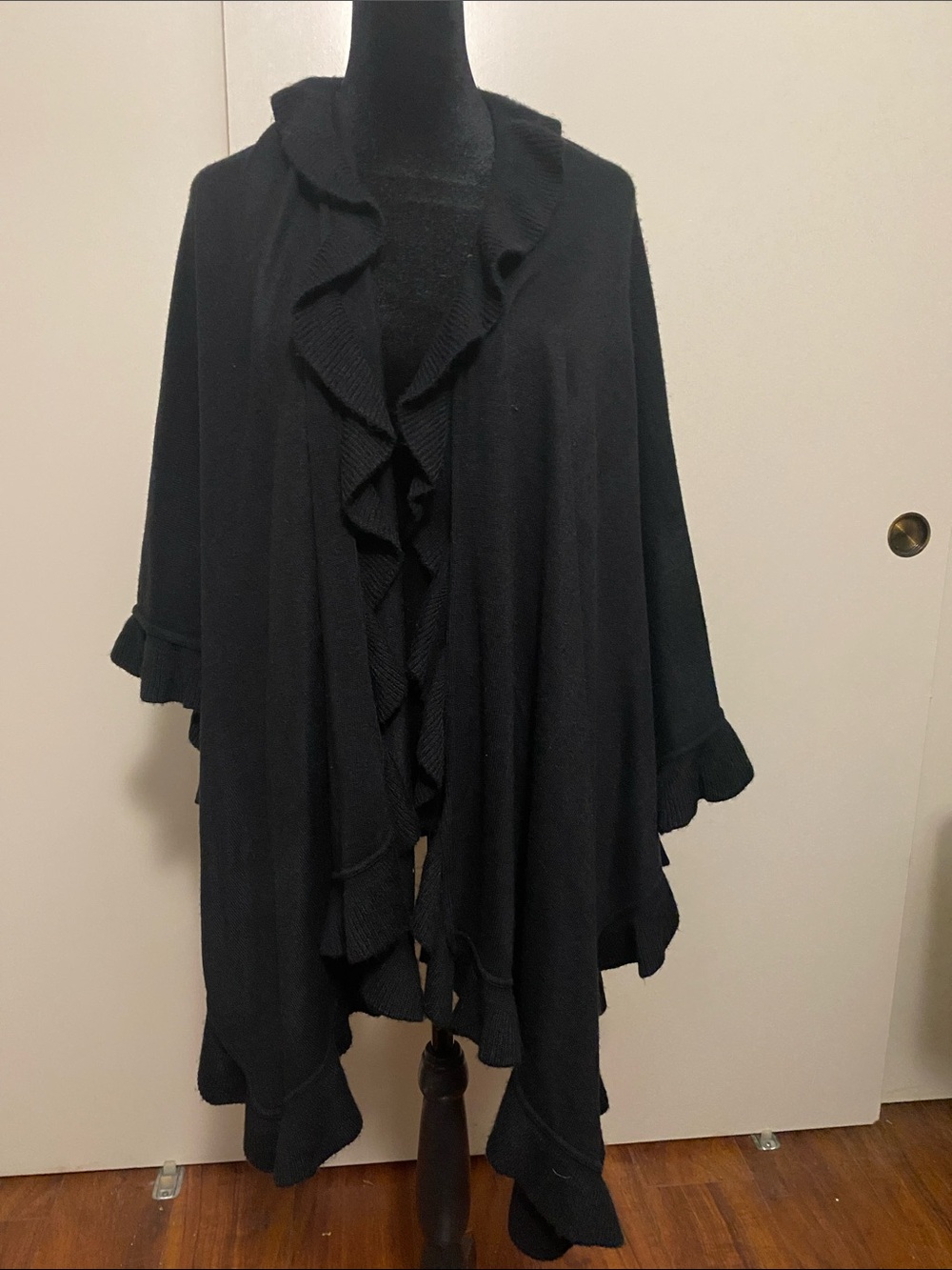 Women's Black Ruffle Open-Front Poncho - Classic Layering
